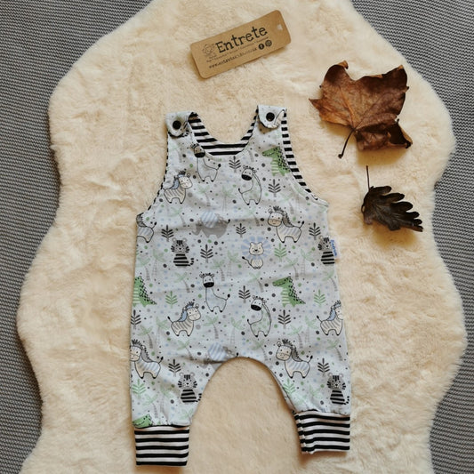 The light blue and striped kids animals romper. Perfect for any animal fanatic! Handmade using light blue kids animals and monochrome striped cotton jerseys'. 